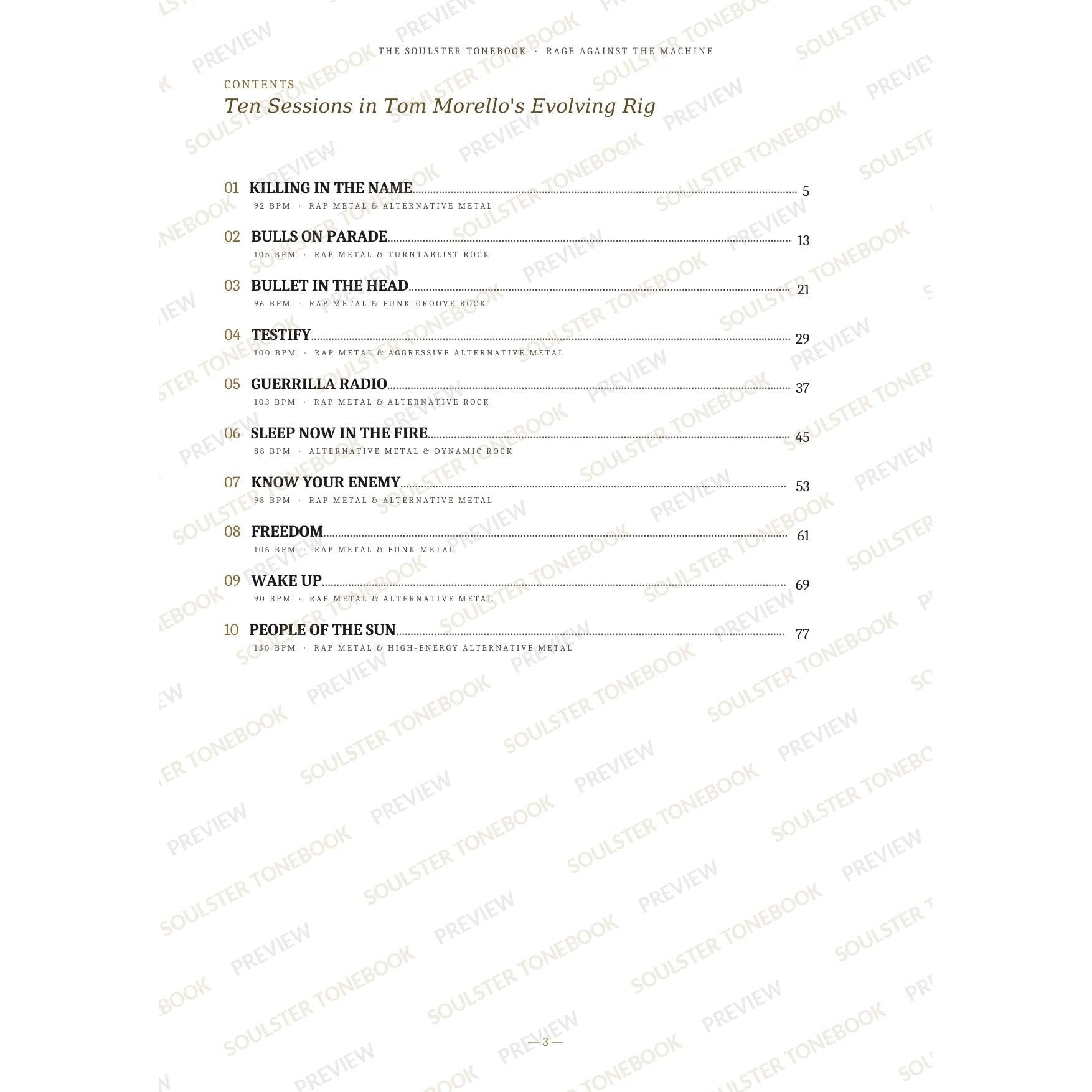 Contents page from the Rage Against the Machine Soulster Tonebook, listing all 10 songs with their tempos, genre tags and page numbers in a gold-and-black serif layout. A faint diagonal 'Soulster Tonebook · Preview' watermark repeats across the page.