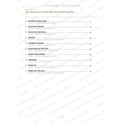 Contents page from the Rage Against the Machine Soulster Tonebook, listing all 10 songs with their tempos, genre tags and page numbers in a gold-and-black serif layout. A faint diagonal 'Soulster Tonebook · Preview' watermark repeats across the page.