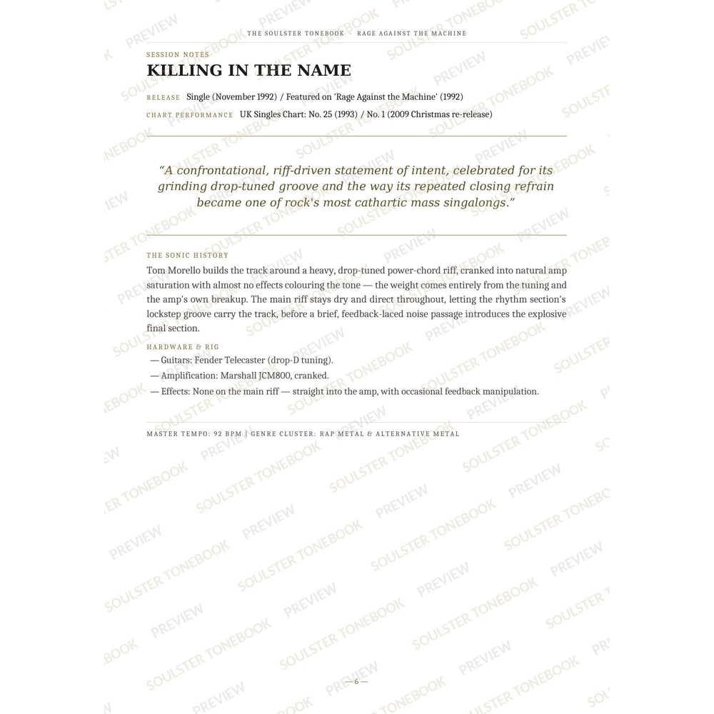 Session-notes page for 'Killing in the Name' in the Rage Against the Machine Soulster Tonebook, with the track's release and chart history, a summary quote, a short 'sonic history' write-up and the hardware and rig used. A faint diagonal 'Soulster Tonebook · Preview' watermark repeats across the page.