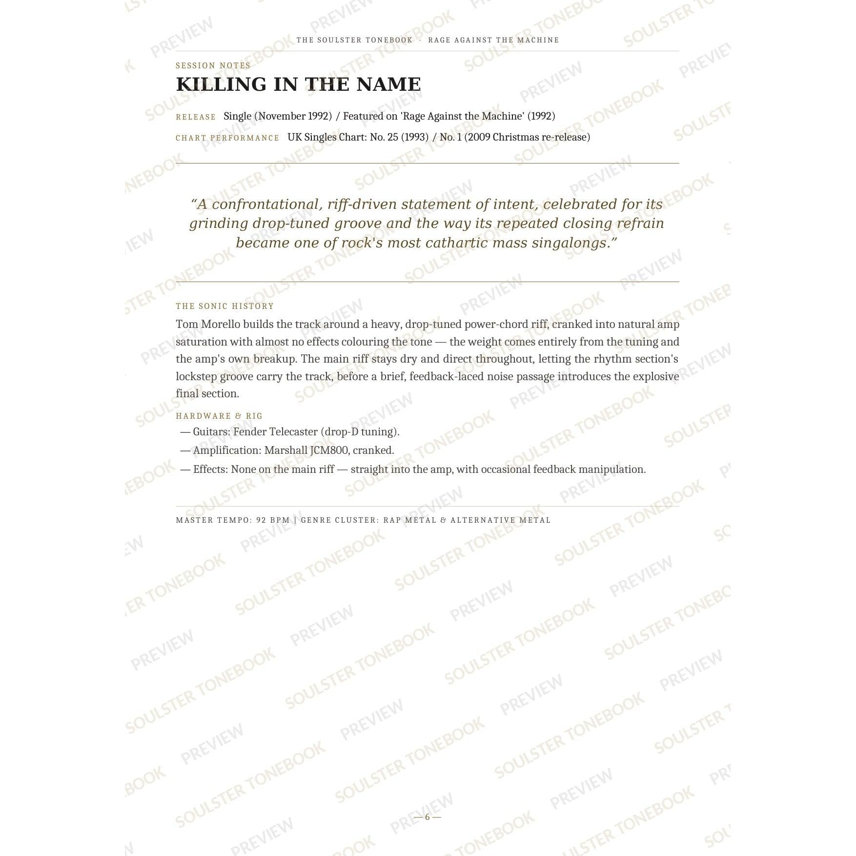 Session-notes page for 'Killing in the Name' in the Rage Against the Machine Soulster Tonebook, with the track's release and chart history, a summary quote, a short 'sonic history' write-up and the hardware and rig used. A faint diagonal 'Soulster Tonebook · Preview' watermark repeats across the page.
