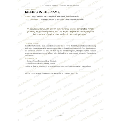 Session-notes page for 'Killing in the Name' in the Rage Against the Machine Soulster Tonebook, with the track's release and chart history, a summary quote, a short 'sonic history' write-up and the hardware and rig used. A faint diagonal 'Soulster Tonebook · Preview' watermark repeats across the page.