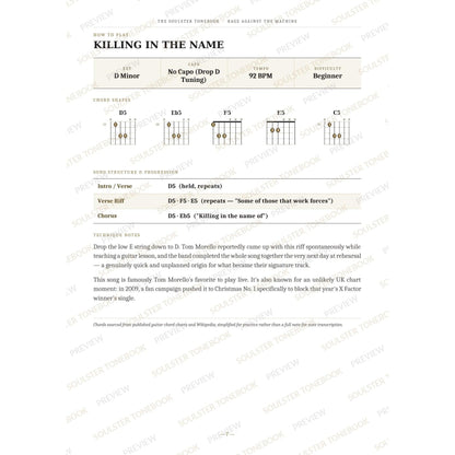 How-to-play page for 'Killing in the Name' by Rage Against the Machine, showing the key, capo, tempo and difficulty, printed chord-shape diagrams, a song-structure and chord-progression breakdown and technique notes — chord charts only, no lyrics or notation. A faint diagonal 'Soulster Tonebook · Preview' watermark repeats across the page.