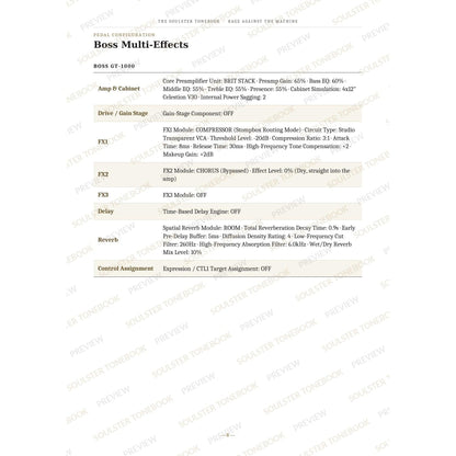 Boss GT-1000 pedal-settings page for 'Killing in the Name' in the Rage Against the Machine Soulster Tonebook, giving parameter-by-parameter amp, cabinet, drive, FX, delay and reverb values in a two-column table. A faint diagonal 'Soulster Tonebook · Preview' watermark repeats across the page.