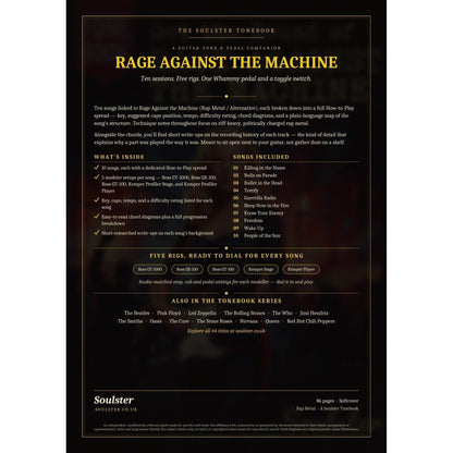 Back cover of the Rage Against the Machine Soulster Tonebook — a dark, gold-trimmed design with the title and tagline, a 'what's inside' list, the full 10-song track list, the five modeller rigs and other titles in the Soulster Tonebook series.