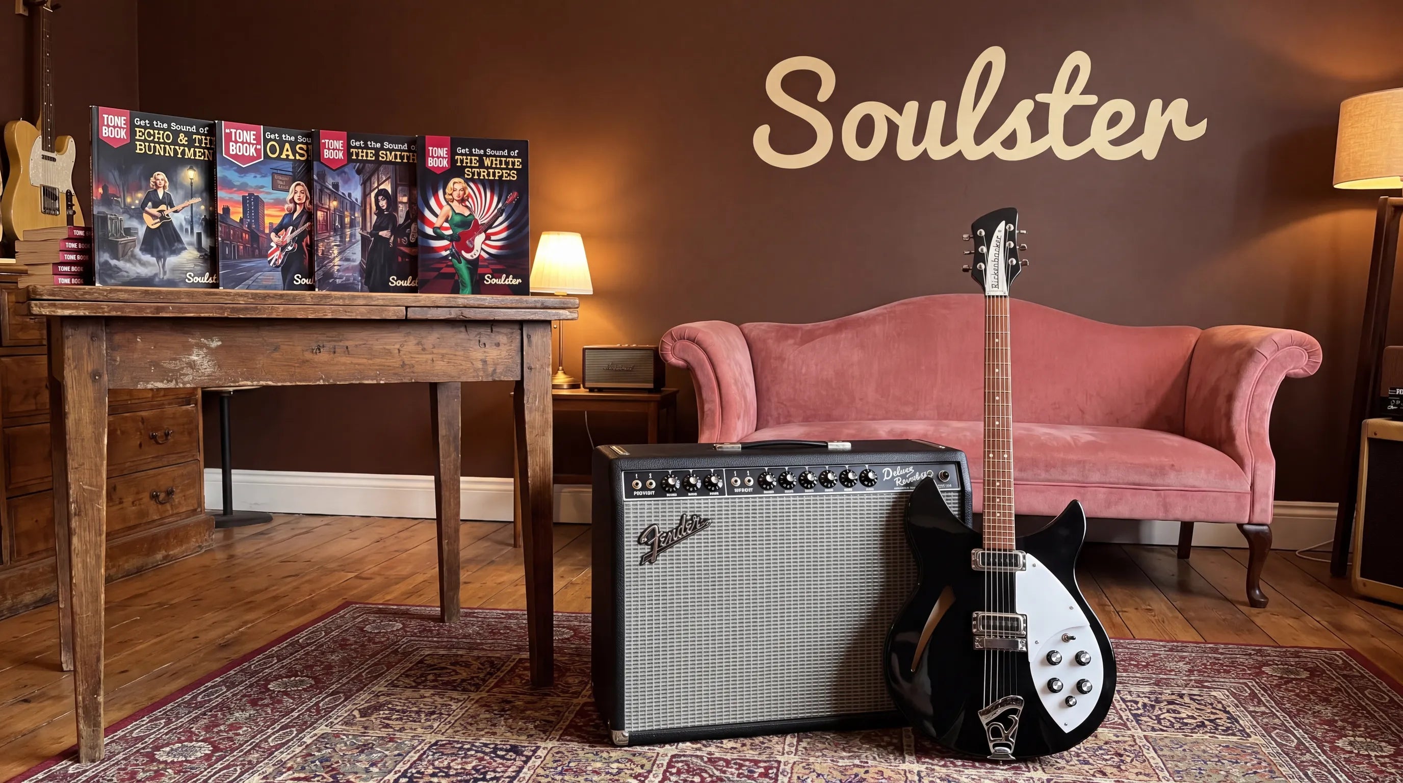 A Fender guitar amp and a black electric guitar displayed in a styled room with a pink sofa, wooden table, and Soulster wall decor.