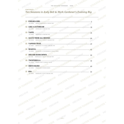 Contents page from the Ride Soulster Tonebook, listing all 10 songs with their tempos, genre tags and page numbers in a gold-and-black serif layout. A faint diagonal 'Soulster Tonebook · Preview' watermark repeats across the page.