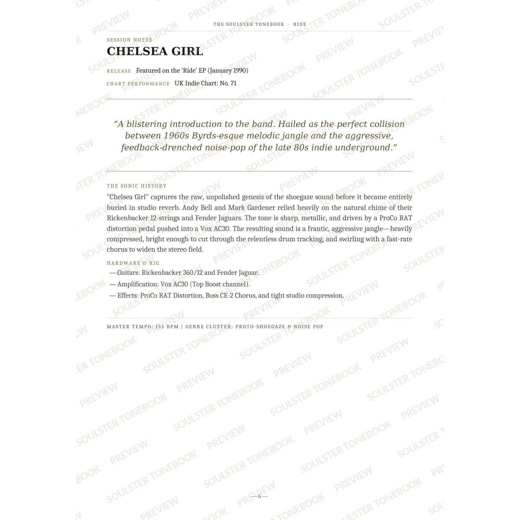 Session-notes page for 'Chelsea Girl' in the Ride Soulster Tonebook, with the track's release and chart history, a summary quote, a short 'sonic history' write-up and the hardware and rig used. A faint diagonal 'Soulster Tonebook · Preview' watermark repeats across the page.