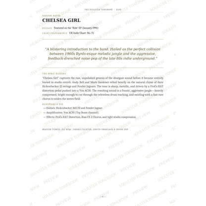 Session-notes page for 'Chelsea Girl' in the Ride Soulster Tonebook, with the track's release and chart history, a summary quote, a short 'sonic history' write-up and the hardware and rig used. A faint diagonal 'Soulster Tonebook · Preview' watermark repeats across the page.