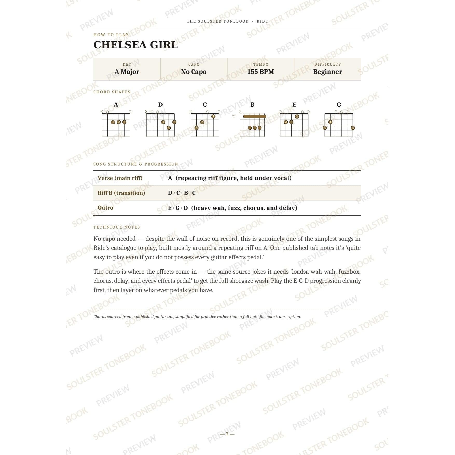 How-to-play page for 'Chelsea Girl' by Ride, showing the key, capo, tempo and difficulty, printed chord-shape diagrams, a song-structure and chord-progression breakdown and technique notes — chord charts only, no lyrics or notation. A faint diagonal 'Soulster Tonebook · Preview' watermark repeats across the page.