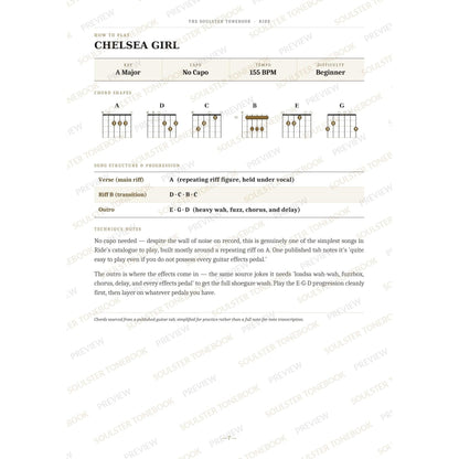 How-to-play page for 'Chelsea Girl' by Ride, showing the key, capo, tempo and difficulty, printed chord-shape diagrams, a song-structure and chord-progression breakdown and technique notes — chord charts only, no lyrics or notation. A faint diagonal 'Soulster Tonebook · Preview' watermark repeats across the page.