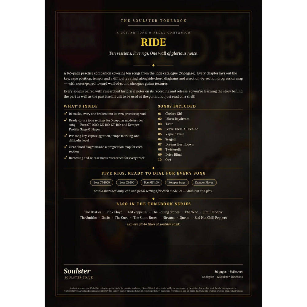 Back cover of the Ride Soulster Tonebook — a dark, gold-trimmed design with the title and tagline, a 'what's inside' list, the full 10-song track list, the five modeller rigs and other titles in the Soulster Tonebook series.