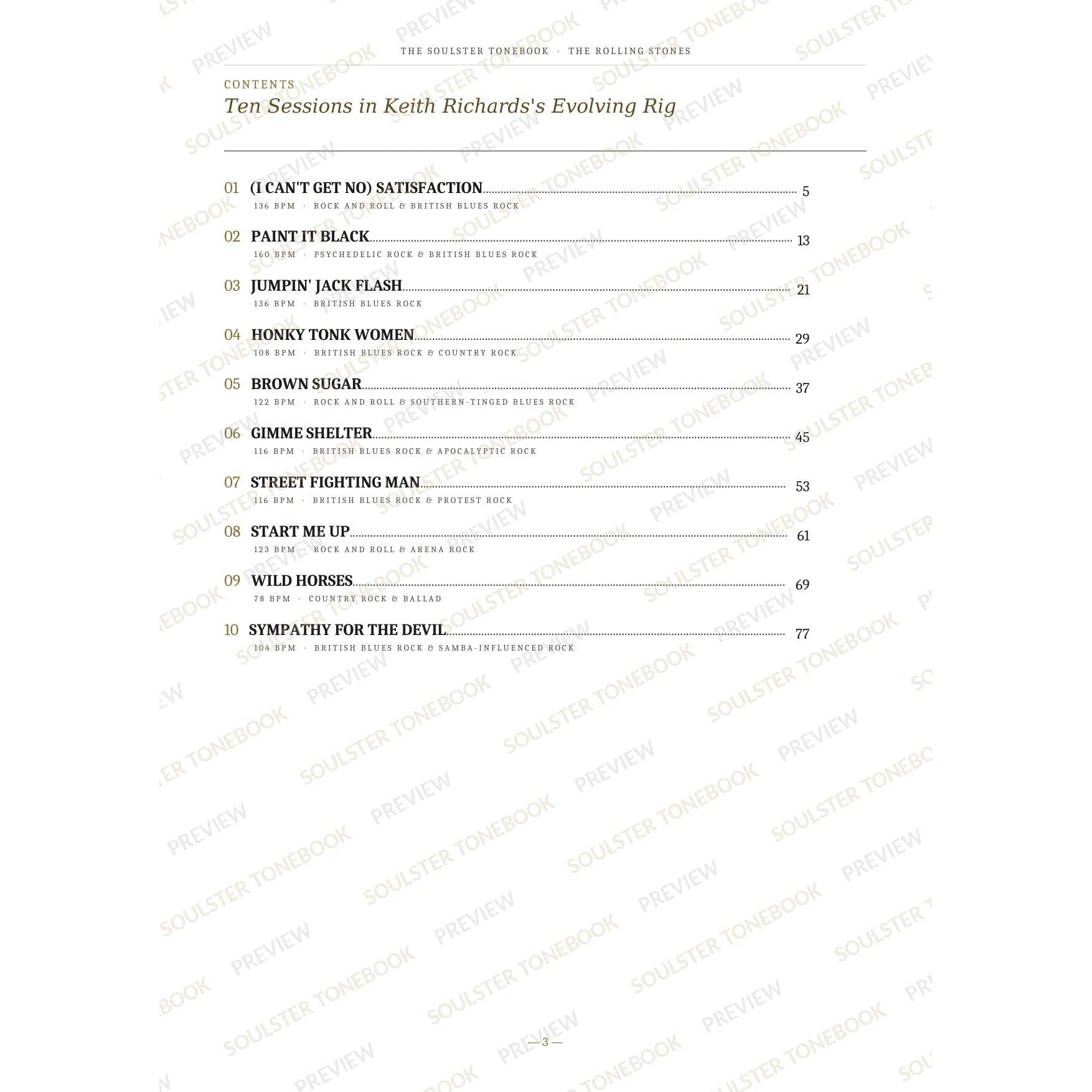 Contents page from The Rolling Stones Soulster Tonebook, listing all 10 songs with their tempos, genre tags and page numbers in a gold-and-black serif layout. A faint diagonal 'Soulster Tonebook · Preview' watermark repeats across the page.