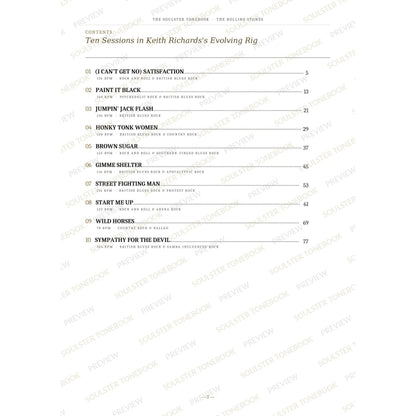 Contents page from The Rolling Stones Soulster Tonebook, listing all 10 songs with their tempos, genre tags and page numbers in a gold-and-black serif layout. A faint diagonal 'Soulster Tonebook · Preview' watermark repeats across the page.