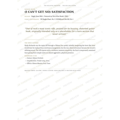 Session-notes page for '(I Can't Get No) Satisfaction' in The Rolling Stones Soulster Tonebook, with the track's release and chart history, a summary quote, a short 'sonic history' write-up and the hardware and rig used. A faint diagonal 'Soulster Tonebook · Preview' watermark repeats across the page.