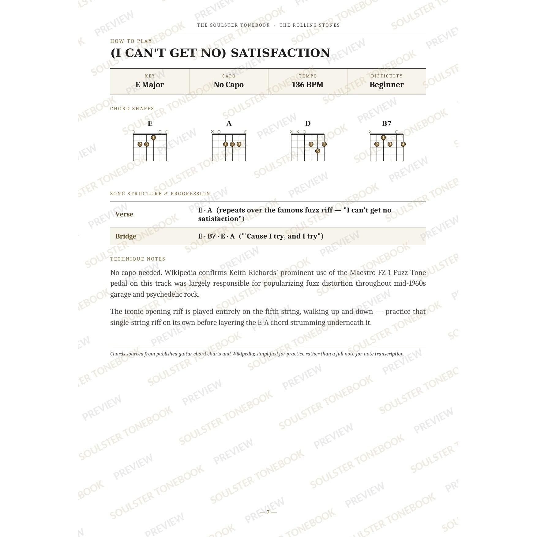 How-to-play page for '(I Can't Get No) Satisfaction' by The Rolling Stones, showing the key, capo, tempo and difficulty, printed chord-shape diagrams, a song-structure and chord-progression breakdown and technique notes — chord charts only, no lyrics or notation. A faint diagonal 'Soulster Tonebook · Preview' watermark repeats across the page.