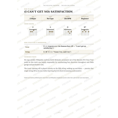 How-to-play page for '(I Can't Get No) Satisfaction' by The Rolling Stones, showing the key, capo, tempo and difficulty, printed chord-shape diagrams, a song-structure and chord-progression breakdown and technique notes — chord charts only, no lyrics or notation. A faint diagonal 'Soulster Tonebook · Preview' watermark repeats across the page.