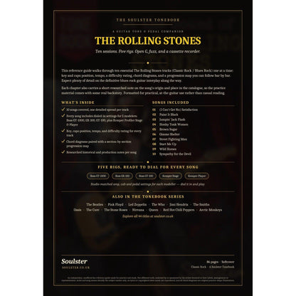Back cover of The Rolling Stones Soulster Tonebook — a dark, gold-trimmed design with the title and tagline, a 'what's inside' list, the full 10-song track list, the five modeller rigs and other titles in the Soulster Tonebook series.