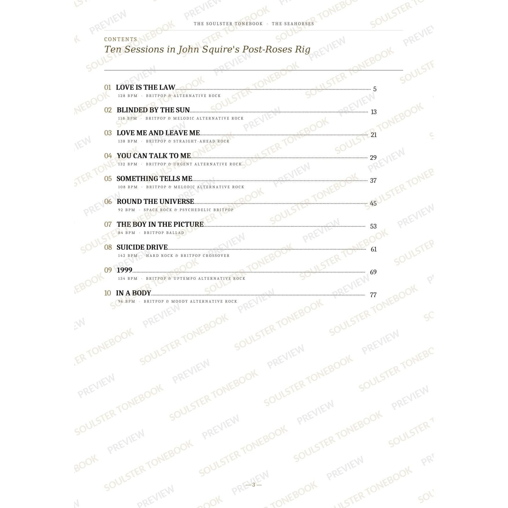 Contents page from The Seahorses Soulster Tonebook, listing all 10 songs with their tempos, genre tags and page numbers in a gold-and-black serif layout. A faint diagonal 'Soulster Tonebook · Preview' watermark repeats across the page.