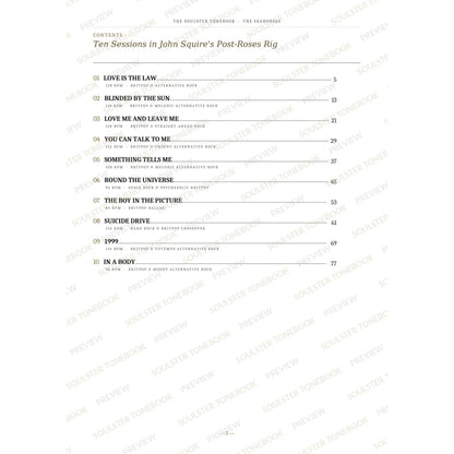 Contents page from The Seahorses Soulster Tonebook, listing all 10 songs with their tempos, genre tags and page numbers in a gold-and-black serif layout. A faint diagonal 'Soulster Tonebook · Preview' watermark repeats across the page.