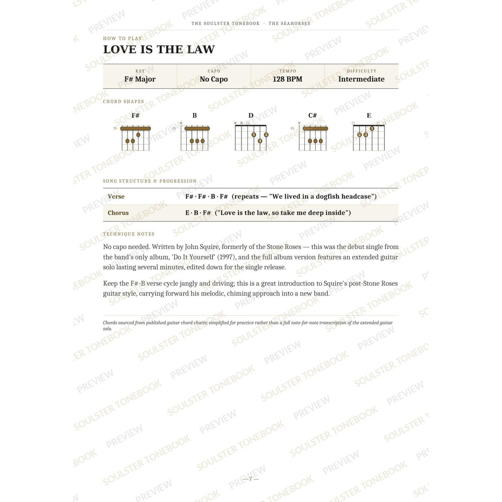 How-to-play page for 'Love Is the Law' by The Seahorses, showing the key, capo, tempo and difficulty, printed chord-shape diagrams, a song-structure and chord-progression breakdown and technique notes — chord charts only, no lyrics or notation. A faint diagonal 'Soulster Tonebook · Preview' watermark repeats across the page.