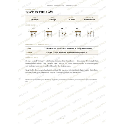 How-to-play page for 'Love Is the Law' by The Seahorses, showing the key, capo, tempo and difficulty, printed chord-shape diagrams, a song-structure and chord-progression breakdown and technique notes — chord charts only, no lyrics or notation. A faint diagonal 'Soulster Tonebook · Preview' watermark repeats across the page.