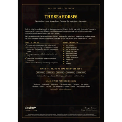 Back cover of The Seahorses Soulster Tonebook — a dark, gold-trimmed design with the title and tagline, a 'what's inside' list, the full 10-song track list, the five modeller rigs and other titles in the Soulster Tonebook series.