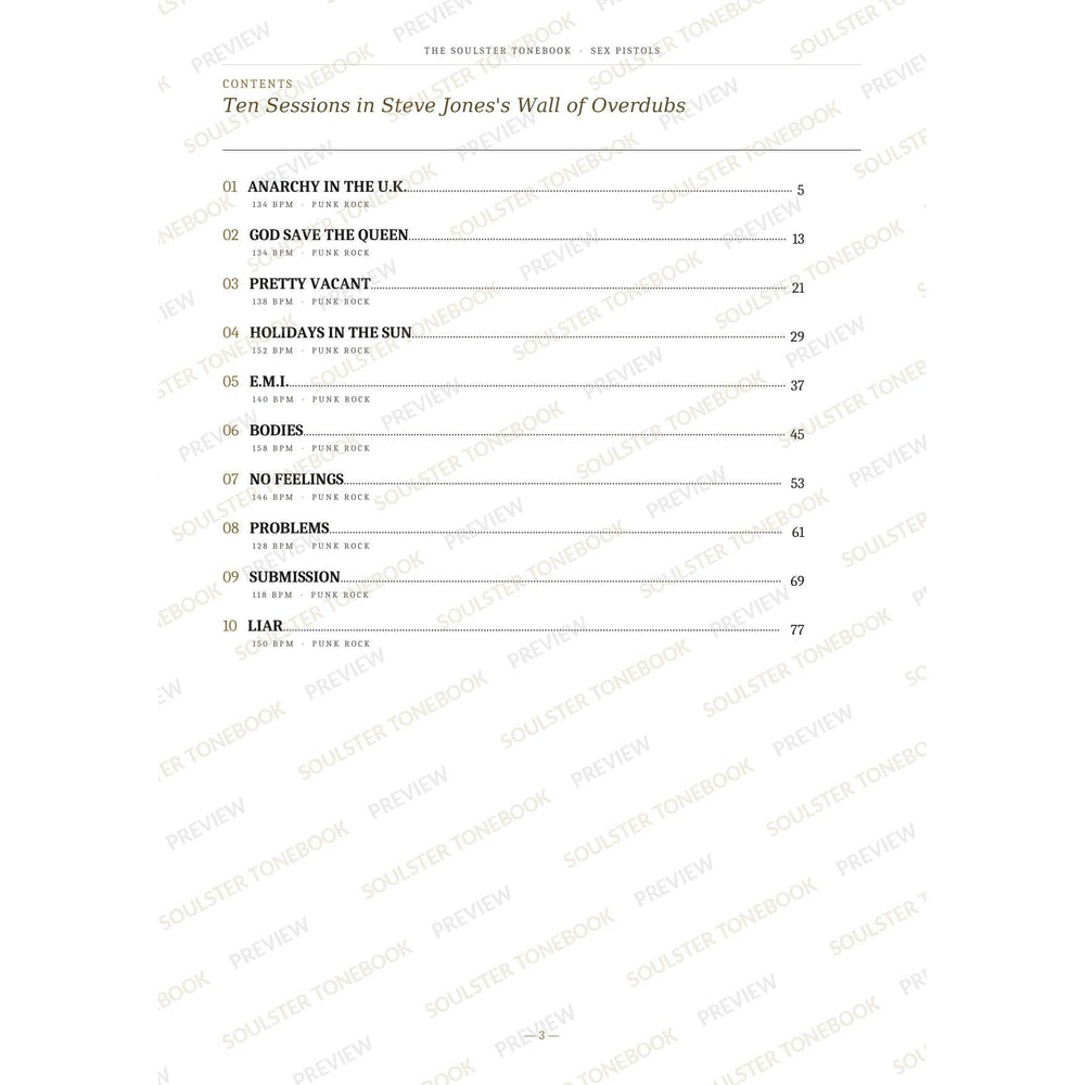 Contents page from the Sex Pistols Soulster Tonebook, listing all 10 songs with their tempos, genre tags and page numbers in a gold-and-black serif layout. A faint diagonal 'Soulster Tonebook · Preview' watermark repeats across the page.