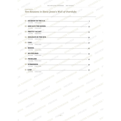 Contents page from the Sex Pistols Soulster Tonebook, listing all 10 songs with their tempos, genre tags and page numbers in a gold-and-black serif layout. A faint diagonal 'Soulster Tonebook · Preview' watermark repeats across the page.