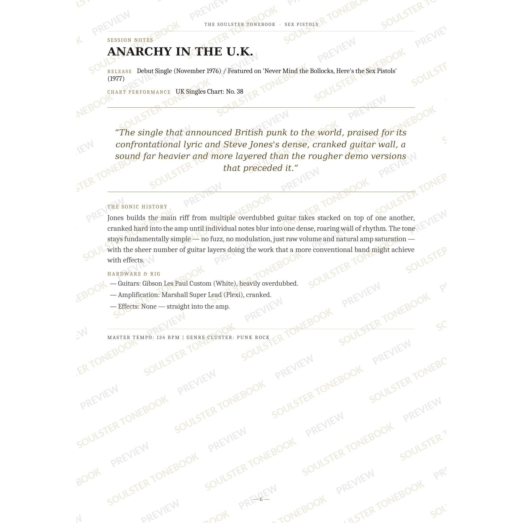 Session-notes page for 'Anarchy in the U.k.' in the Sex Pistols Soulster Tonebook, with the track's release and chart history, a summary quote, a short 'sonic history' write-up and the hardware and rig used. A faint diagonal 'Soulster Tonebook · Preview' watermark repeats across the page.
