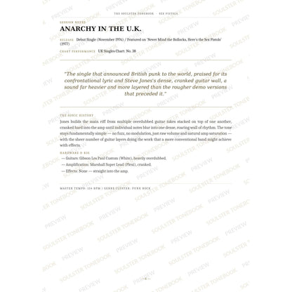 Session-notes page for 'Anarchy in the U.k.' in the Sex Pistols Soulster Tonebook, with the track's release and chart history, a summary quote, a short 'sonic history' write-up and the hardware and rig used. A faint diagonal 'Soulster Tonebook · Preview' watermark repeats across the page.