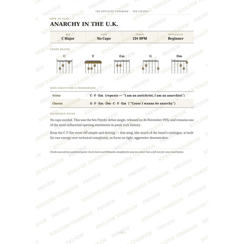 How-to-play page for 'Anarchy in the U.k.' by Sex Pistols, showing the key, capo, tempo and difficulty, printed chord-shape diagrams, a song-structure and chord-progression breakdown and technique notes — chord charts only, no lyrics or notation. A faint diagonal 'Soulster Tonebook · Preview' watermark repeats across the page.