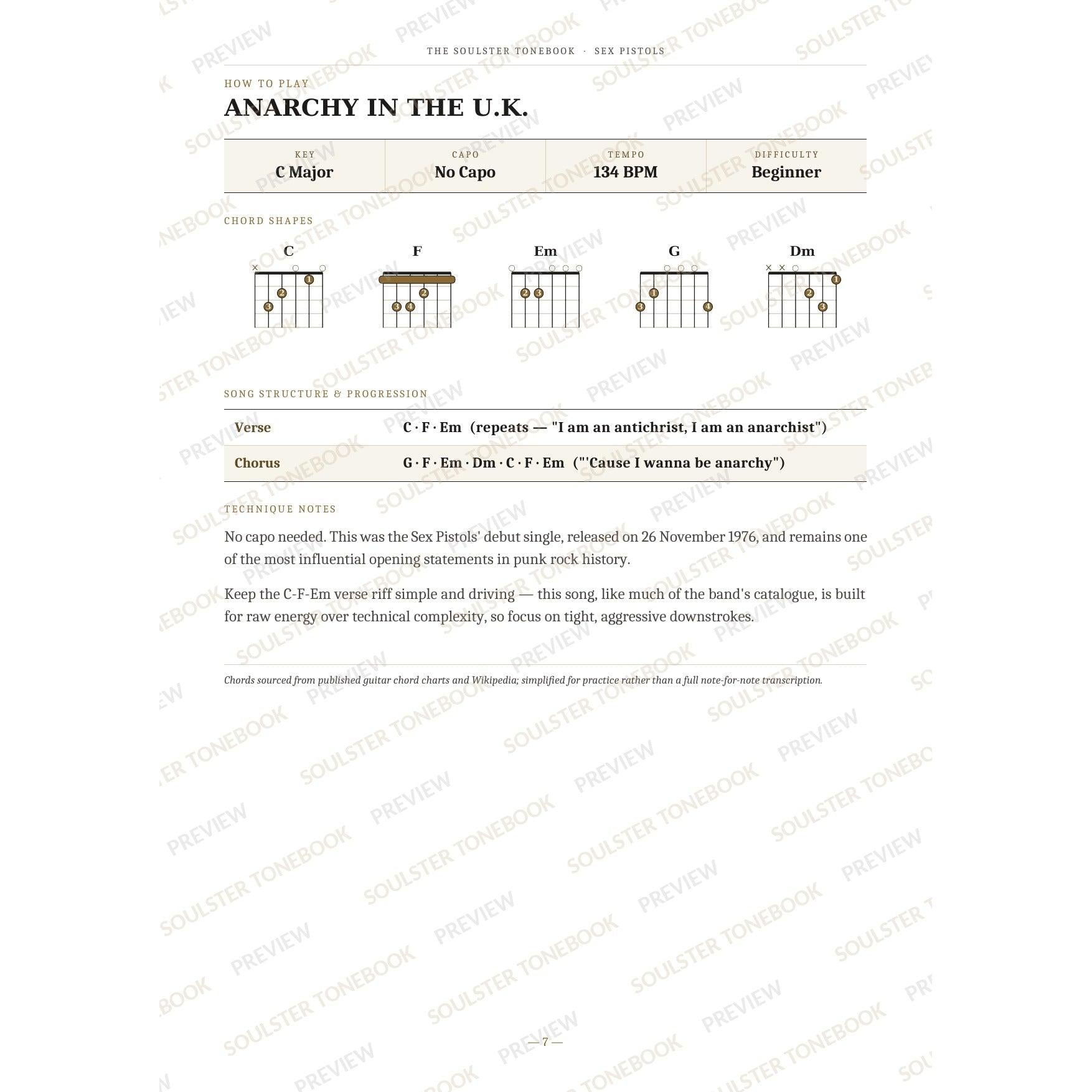 How-to-play page for 'Anarchy in the U.k.' by Sex Pistols, showing the key, capo, tempo and difficulty, printed chord-shape diagrams, a song-structure and chord-progression breakdown and technique notes — chord charts only, no lyrics or notation. A faint diagonal 'Soulster Tonebook · Preview' watermark repeats across the page.