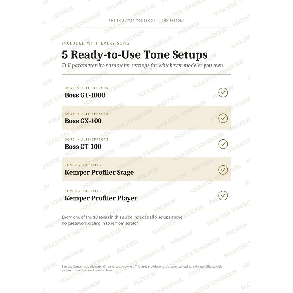 '5 Ready-to-Use Tone Setups' page from the Sex Pistols Soulster Tonebook, listing the five included modeller rigs — Boss GT-1000, GX-100 and GT-100 and the Kemper Profiler Stage and Player — each marked with a gold tick. A faint diagonal 'Soulster Tonebook · Preview' watermark repeats across the page.