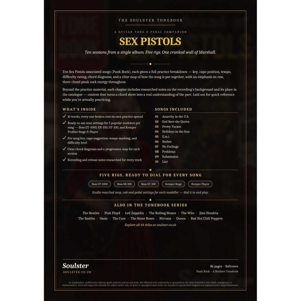 Back cover of the Sex Pistols Soulster Tonebook — a dark, gold-trimmed design with the title and tagline, a 'what's inside' list, the full 10-song track list, the five modeller rigs and other titles in the Soulster Tonebook series.
