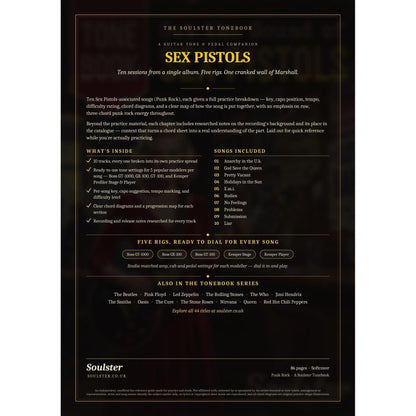 Back cover of the Sex Pistols Soulster Tonebook — a dark, gold-trimmed design with the title and tagline, a 'what's inside' list, the full 10-song track list, the five modeller rigs and other titles in the Soulster Tonebook series.