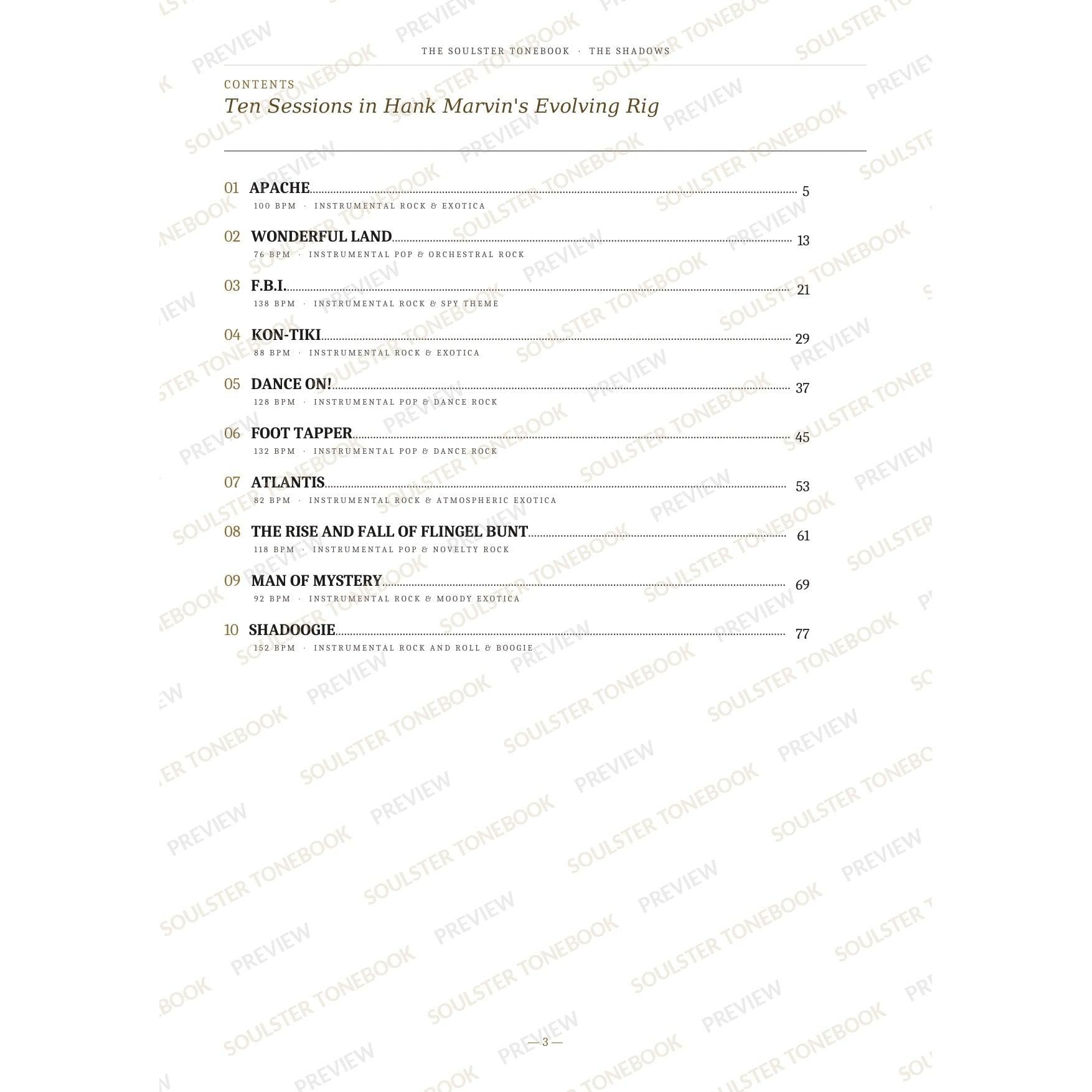 Contents page from The Shadows Soulster Tonebook, listing all 10 songs with their tempos, genre tags and page numbers in a gold-and-black serif layout. A faint diagonal 'Soulster Tonebook · Preview' watermark repeats across the page.