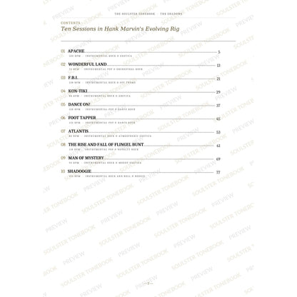 Contents page from The Shadows Soulster Tonebook, listing all 10 songs with their tempos, genre tags and page numbers in a gold-and-black serif layout. A faint diagonal 'Soulster Tonebook · Preview' watermark repeats across the page.