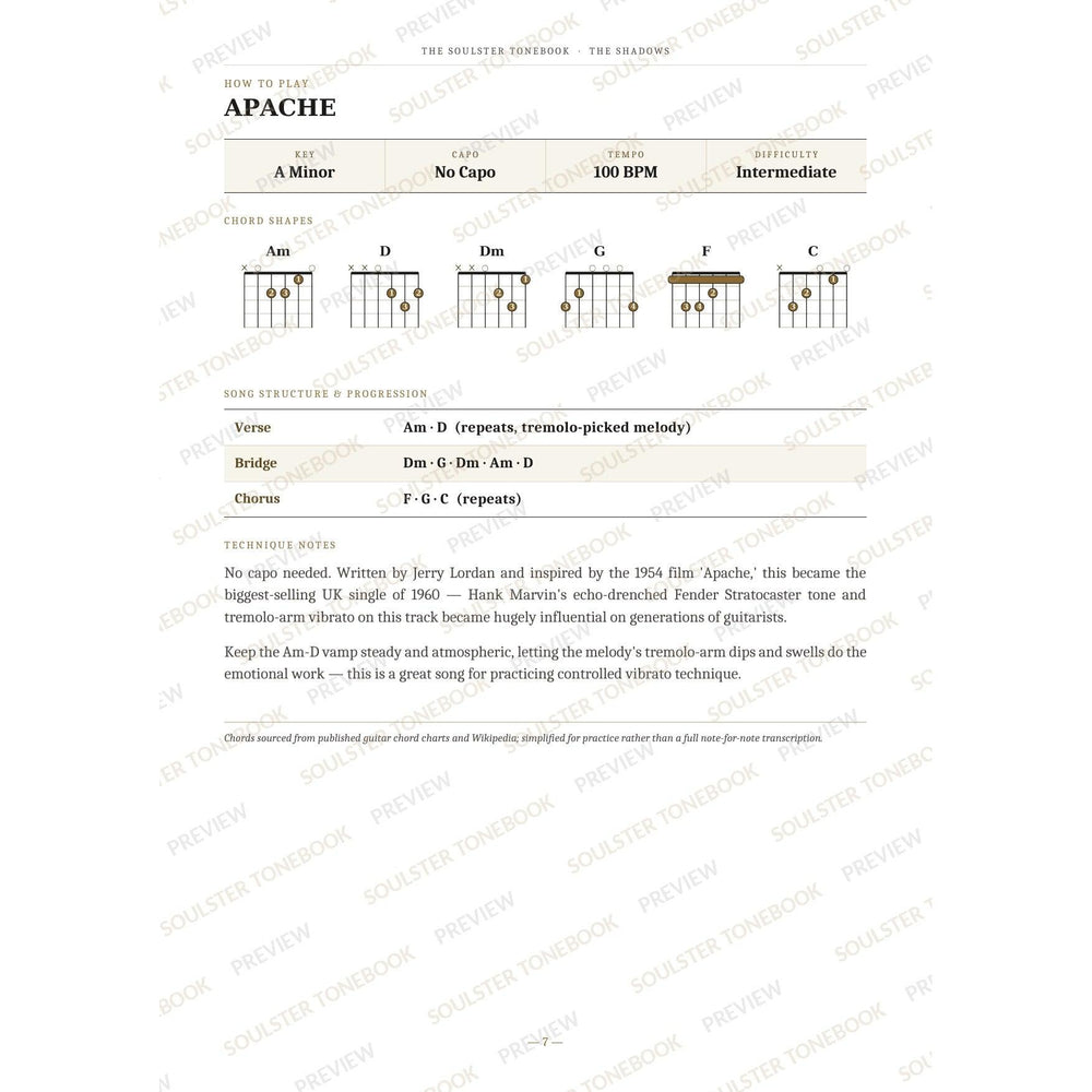 How-to-play page for 'Apache' by The Shadows, showing the key, capo, tempo and difficulty, printed chord-shape diagrams, a song-structure and chord-progression breakdown and technique notes — chord charts only, no lyrics or notation. A faint diagonal 'Soulster Tonebook · Preview' watermark repeats across the page.