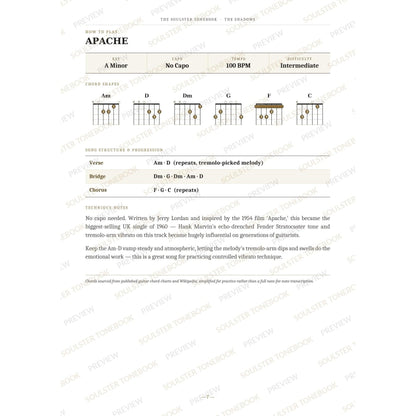 How-to-play page for 'Apache' by The Shadows, showing the key, capo, tempo and difficulty, printed chord-shape diagrams, a song-structure and chord-progression breakdown and technique notes — chord charts only, no lyrics or notation. A faint diagonal 'Soulster Tonebook · Preview' watermark repeats across the page.