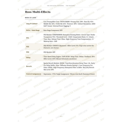 Boss GT-1000 pedal-settings page for 'Apache' in The Shadows Soulster Tonebook, giving parameter-by-parameter amp, cabinet, drive, FX, delay and reverb values in a two-column table. A faint diagonal 'Soulster Tonebook · Preview' watermark repeats across the page.