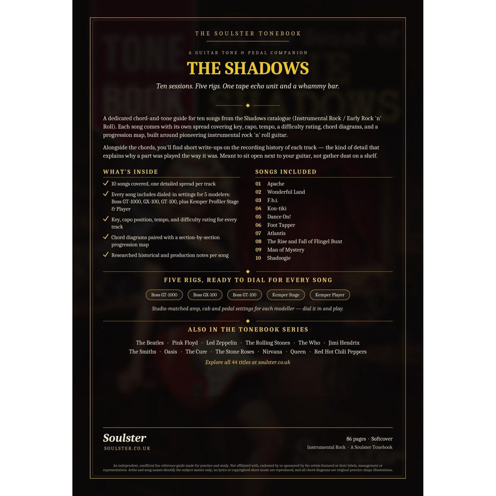 Back cover of The Shadows Soulster Tonebook — a dark, gold-trimmed design with the title and tagline, a 'what's inside' list, the full 10-song track list, the five modeller rigs and other titles in the Soulster Tonebook series.