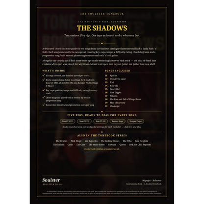 Back cover of The Shadows Soulster Tonebook — a dark, gold-trimmed design with the title and tagline, a 'what's inside' list, the full 10-song track list, the five modeller rigs and other titles in the Soulster Tonebook series.