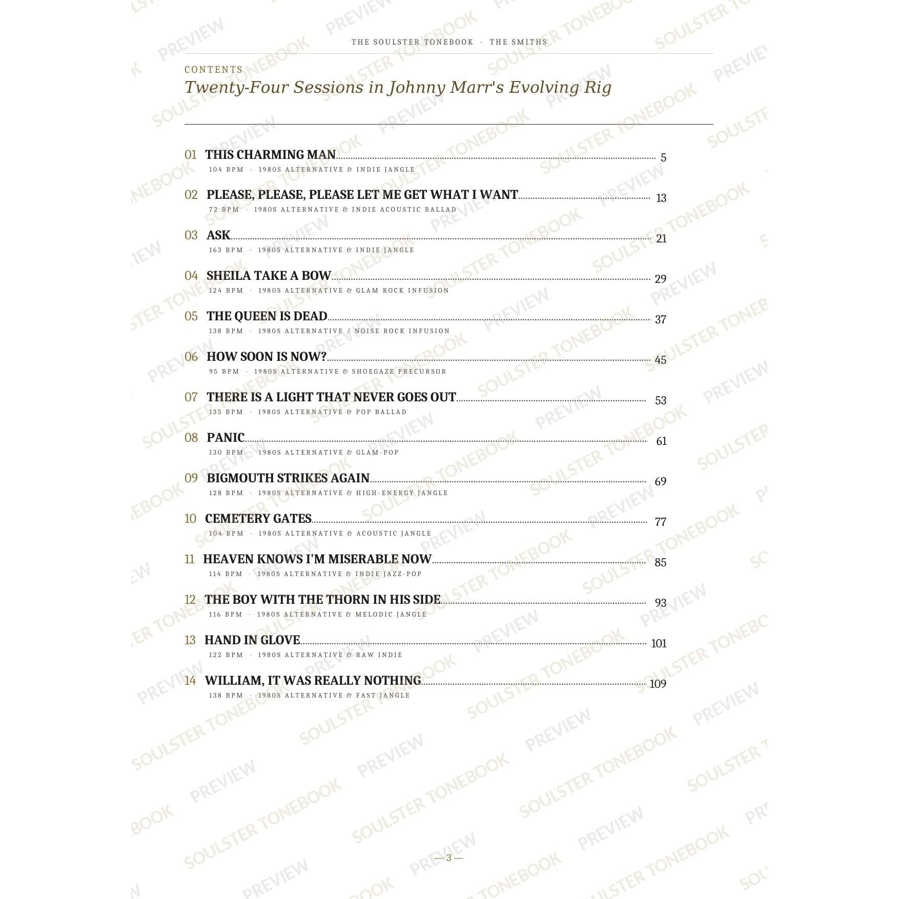 Contents page from The Smiths Soulster Tonebook, listing all 24 songs with their tempos, genre tags and page numbers in a gold-and-black serif layout. A faint diagonal 'Soulster Tonebook · Preview' watermark repeats across the page.