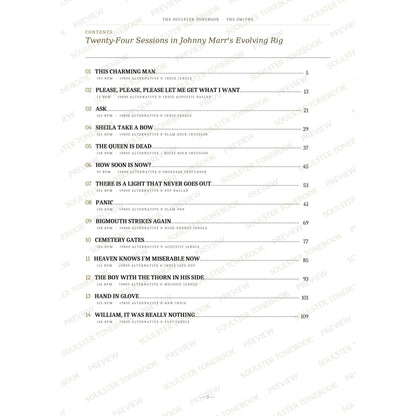 Contents page from The Smiths Soulster Tonebook, listing all 24 songs with their tempos, genre tags and page numbers in a gold-and-black serif layout. A faint diagonal 'Soulster Tonebook · Preview' watermark repeats across the page.