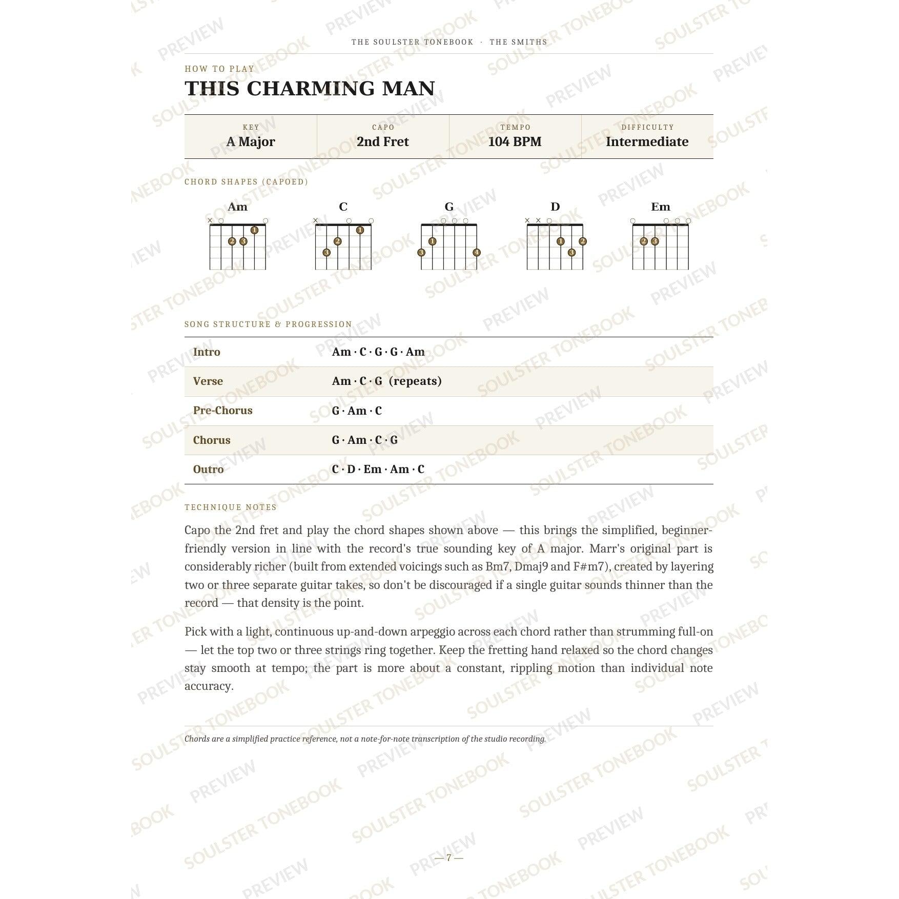 How-to-play page for 'This Charming Man' by The Smiths, showing the key, capo, tempo and difficulty, printed chord-shape diagrams, a song-structure and chord-progression breakdown and technique notes — chord charts only, no lyrics or notation. A faint diagonal 'Soulster Tonebook · Preview' watermark repeats across the page.