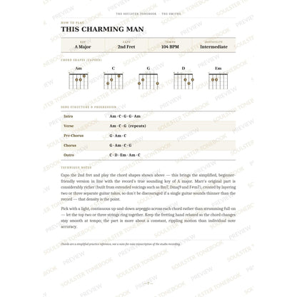 How-to-play page for 'This Charming Man' by The Smiths, showing the key, capo, tempo and difficulty, printed chord-shape diagrams, a song-structure and chord-progression breakdown and technique notes — chord charts only, no lyrics or notation. A faint diagonal 'Soulster Tonebook · Preview' watermark repeats across the page.