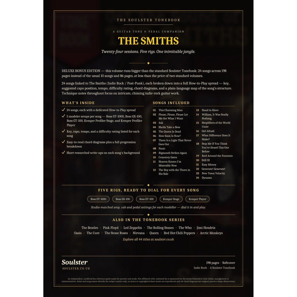 Back cover of The Smiths Soulster Tonebook — a dark, gold-trimmed design with the title and tagline, a 'what's inside' list, the full 24-song track list, the five modeller rigs and other titles in the Soulster Tonebook series.