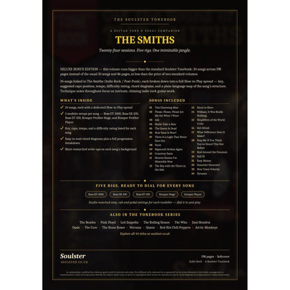 Back cover of The Smiths Soulster Tonebook — a dark, gold-trimmed design with the title and tagline, a 'what's inside' list, the full 24-song track list, the five modeller rigs and other titles in the Soulster Tonebook series.