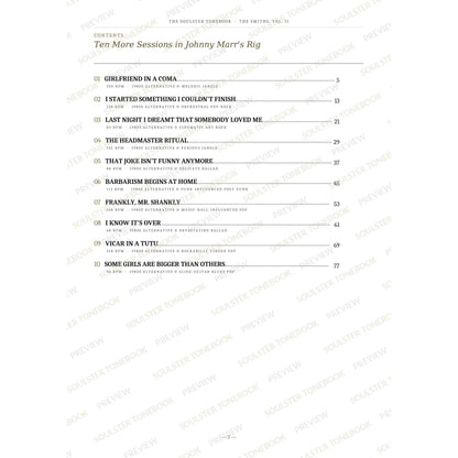 Contents page from The Smiths, Vol. II Soulster Tonebook, listing all 10 songs with their tempos, genre tags and page numbers in a gold-and-black serif layout. A faint diagonal 'Soulster Tonebook · Preview' watermark repeats across the page.