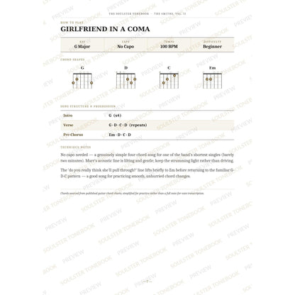 How-to-play page for 'Girlfriend in a Coma' by The Smiths, showing the key, capo, tempo and difficulty, printed chord-shape diagrams, a song-structure and chord-progression breakdown and technique notes — chord charts only, no lyrics or notation. A faint diagonal 'Soulster Tonebook · Preview' watermark repeats across the page.